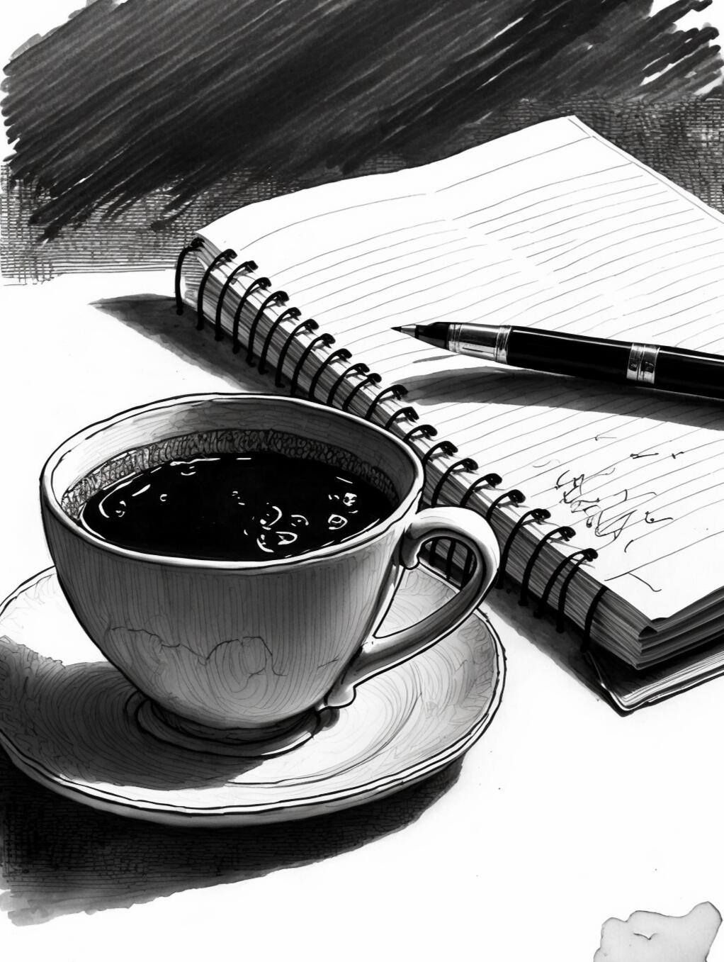 a coffee cup, notebook, and pen, ink drawing